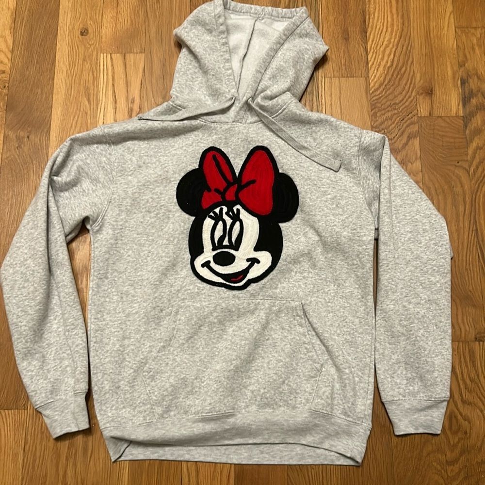 Disney Minnie Mouse Crochet Patch Hoodie Sweatshirt Heather Gray Women Small